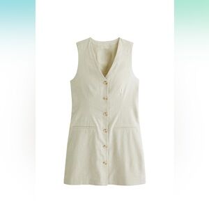 Cotton Linen Vest Mini Dress Casual ButtonDown Sleeveless Pockets(Apricot-M)